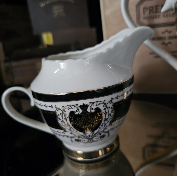 NIB Angioletti Designs Black Gold Scallop Porcelain 3-Pc Tea Set Teapot Sugar - Picture 13 of 14